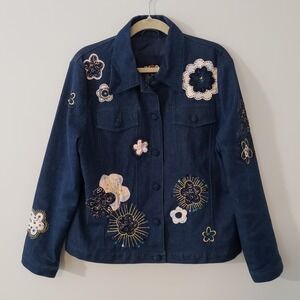 Vintage REDD Jeans Womens Floral Embroidered Denim Jacket Size 14 Boho Beads